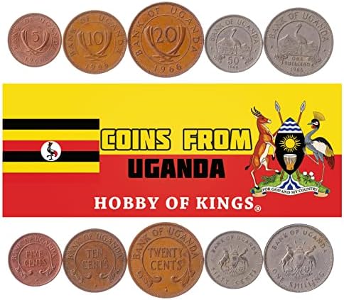 5 מטבעות מאוגנדה | אוסף סט מטבעות אוגנדי 5 10 20 50 סנט 1 שילינג | הופץ 1966-1975 | מנוף אפור כוכתר